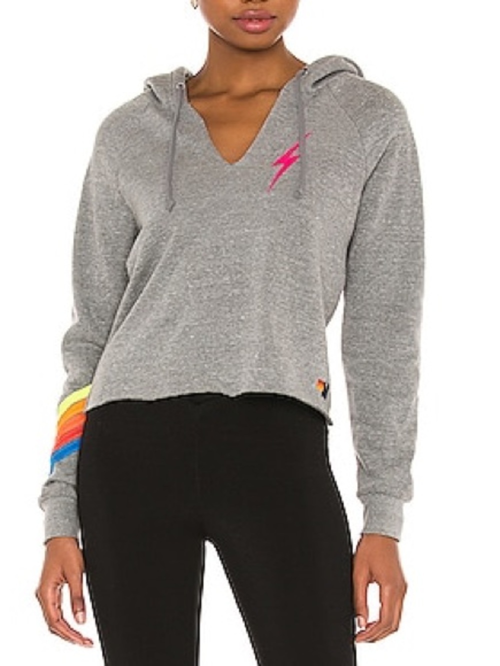 AVIATOR NATION Bolt Hoodie Gray Hooded V-Neck Pullover Heather & Neon Rainbow MD
